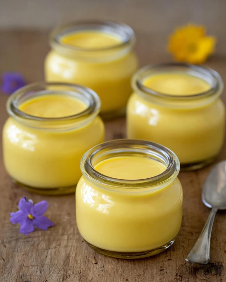 Four small round glass jars are filled with smooth, bright yellow custard. Each jar has a shiny, even surface of custard inside, showing one thick layer. The jars are placed on a wooden surface with a slightly blurred background. There is a small purple flower near the bottom right jar and a silver spoon next to it. In the background, a yellow flower is faintly visible. The focus is soft, highlighting the jars and custard clearly in the foreground. photo taken with an iphone --ar 4:5 --v 7