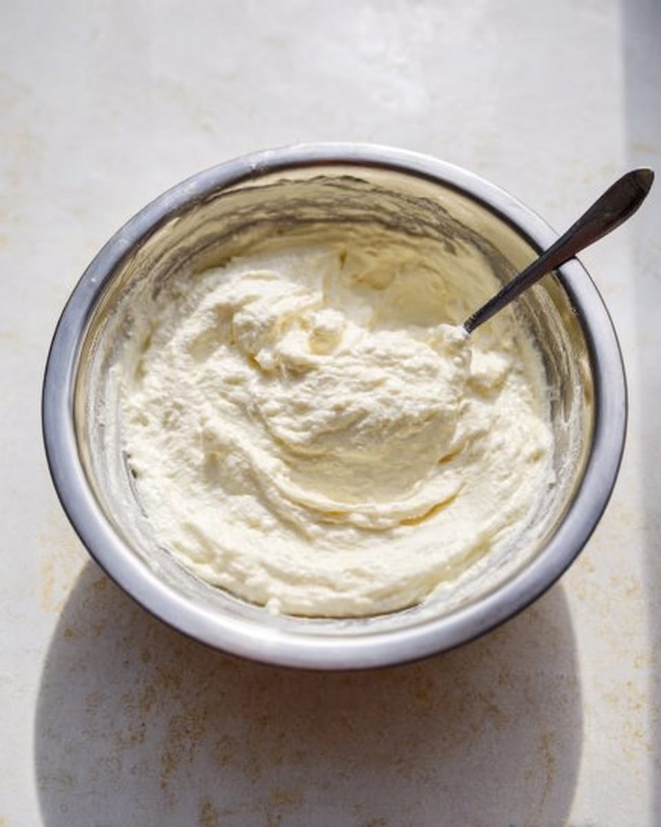A shiny metal bowl is filled with thick, creamy white batter that has a smooth but slightly bumpy texture. A metal spoon rests inside the bowl with some batter on it. The bowl is placed on a white marbled surface with soft, natural lighting creating gentle shadows and highlights on the batter and bowl edges. The batter sits in a single, rounded layer inside the bowl. Photo taken with an iphone --ar 4:5 --v 7