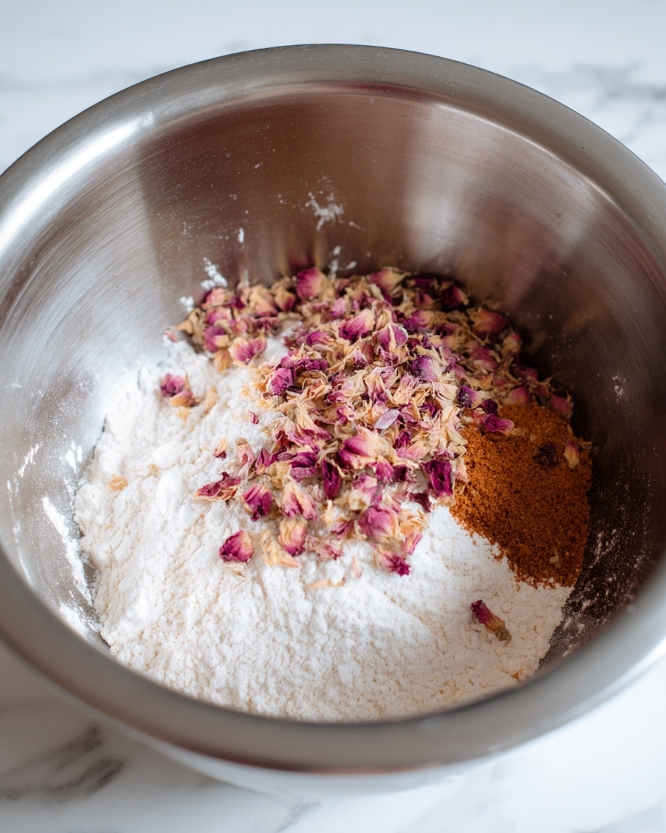 A large silver mixing bowl holds a stack of ingredients with four visible layers: the bottom layer is white flour spread across the bowl, above it is a white granular layer likely sugar or salt, next is a dark brown sticky layer seen on one side, and the top layer is a pile of small light pink and tan dried flower petals scattered unevenly. The bowl sits on a white marbled surface. Photo taken with an iphone --ar 4:5 --v 7