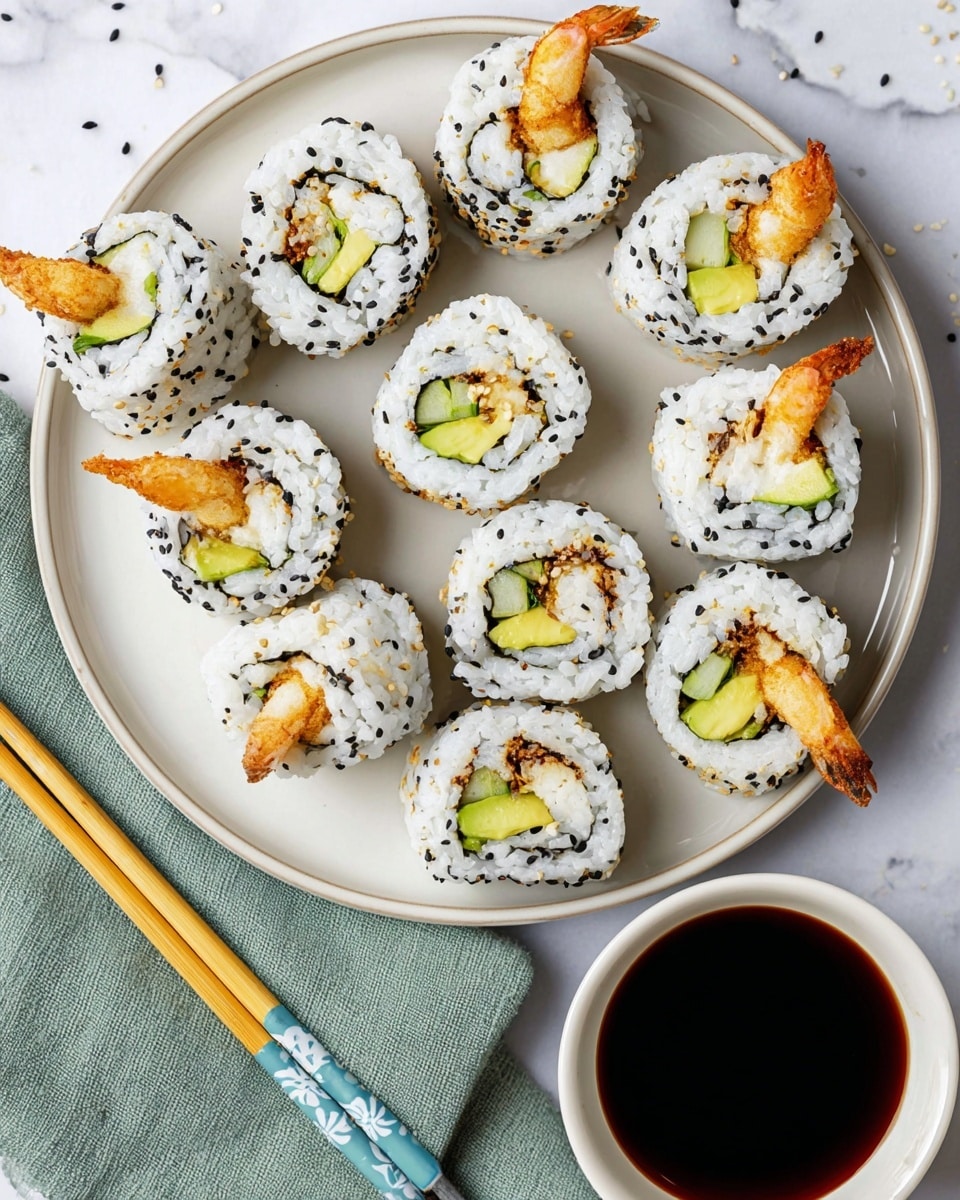 A round white plate holds ten sushi rolls arranged in a casual circle on a white marbled surface; each roll is covered in white rice sprinkled with black sesame seeds, showing layers inside of golden fried shrimp tails sticking out, green cucumber sticks, and light yellow avocado slices wrapped in dark seaweed. A pair of light wooden chopsticks with blue patterned tops rest on a green cloth napkin to the left of the plate, while a small white bowl filled with dark soy sauce is positioned at the bottom right of the frame. Photo taken with an iphone --ar 4:5 --v 7