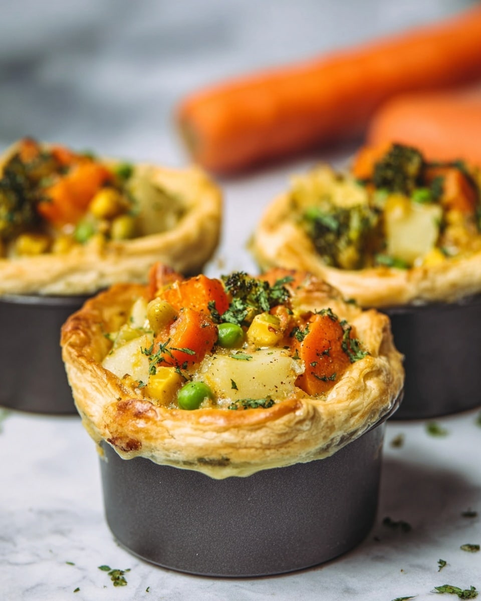 The image shows three small vegetable pot pies in dark baking tins on a white marbled surface. Each pot pie has a flaky, golden-brown crust that rises slightly above the tin edges. On top, there is a colorful mix of cooked vegetables including chunks of orange carrot, green broccoli, green peas, light yellow potato, and some light green herbs sprinkled over. The vegetables look soft and mixed with a creamy sauce, giving a warm and hearty feel. In the background, a large orange carrot is partly visible, out of focus, adding a natural touch. Photo taken with an iphone --ar 4:5 --v 7