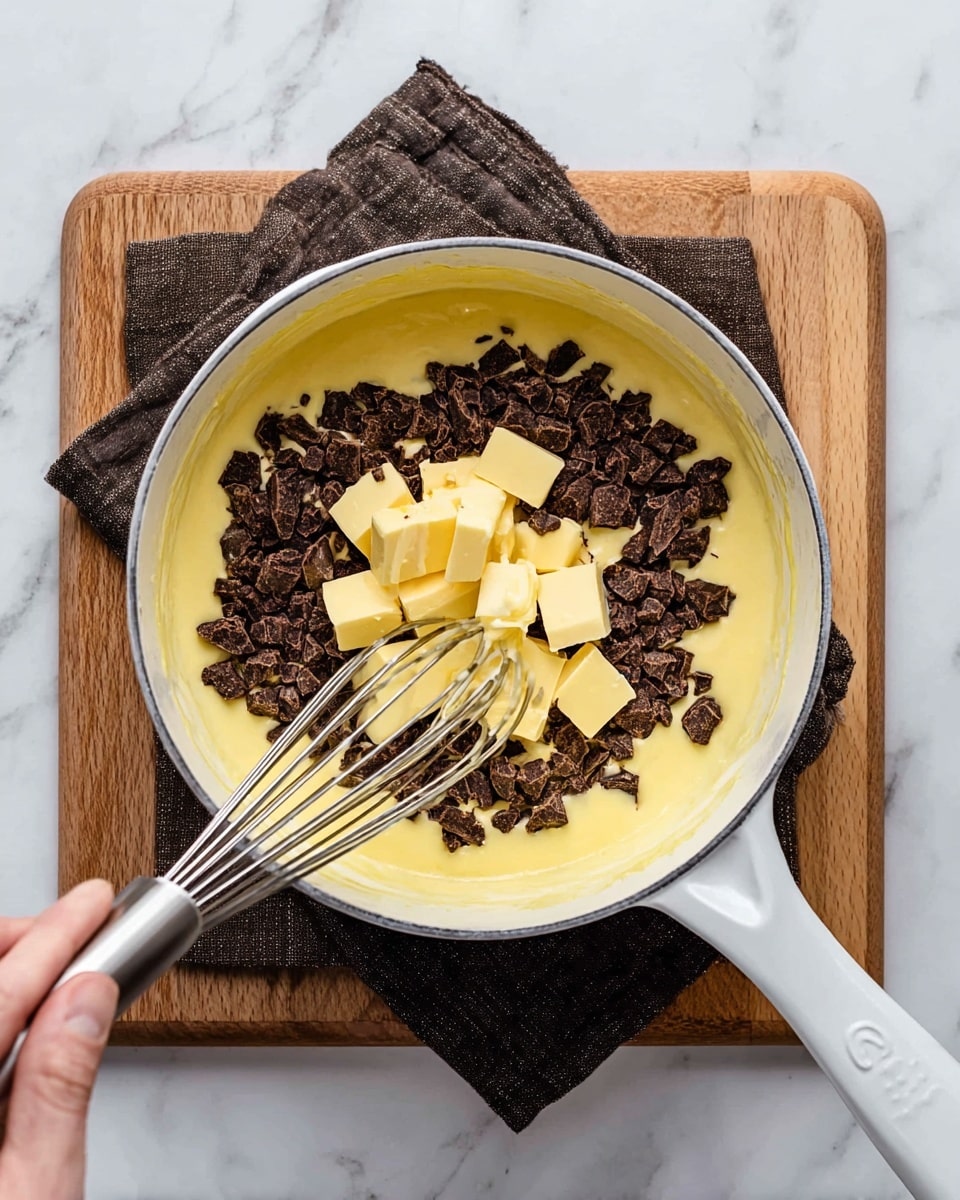 A white pot with a yellow creamy base inside, topped with many small dark brown chocolate pieces on one side and several small pale yellow butter cubes stacked over the chocolate. A woman's hand is holding a metal whisk, slightly mixing the ingredients. The pot is placed on a light brown wooden board with a dark cloth beneath it, all set on a white marbled surface. photo taken with an iphone --ar 4:5 --v 7