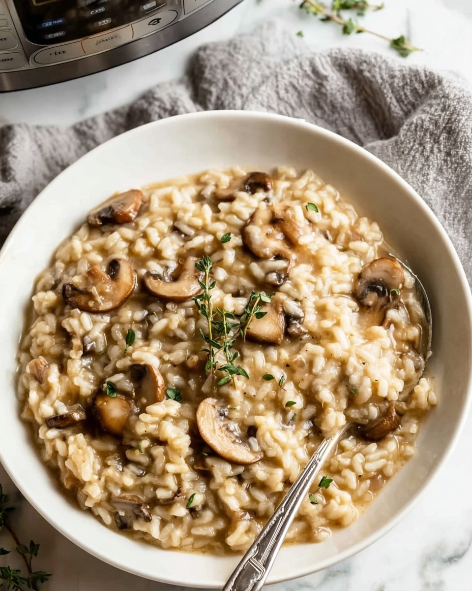 A white bowl filled with creamy risotto mixed with light brown sliced mushrooms spread evenly through the dish. The risotto grains are plump and shiny with a smooth texture, covered in a light beige sauce. On top, there is a small sprig of green thyme placed at the center. A silver spoon is partially resting inside the bowl on the right side. The bowl sits on a white marbled surface, with an air fryer and a gray cloth blurred in the background. photo taken with an iphone --ar 4:5 --v 7