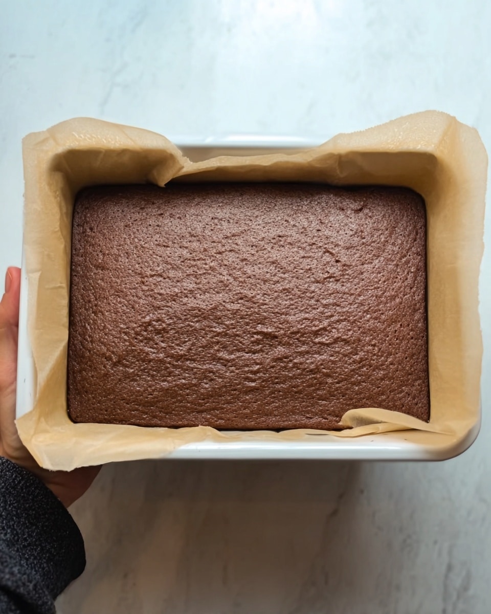 A freshly baked rectangular chocolate cake with a soft, slightly bumpy but smooth surface, resting in a white baking tray lined with light brown parchment paper that folds over the edges. The cake has a warm medium brown color and fills the tray evenly with no visible cracks. A woman's hand, covered with a dark cloth, holds the tray from below against a white marbled background. photo taken with an iphone --ar 4:5 --v 7