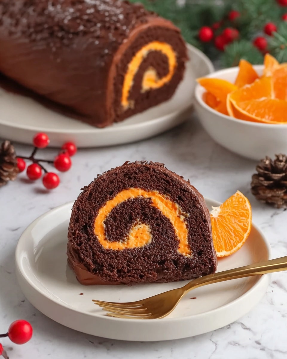 A slice of chocolate roll cake sits on a white plate with a shiny gold fork beside it; the cake has three visible layers, a thick dark brown outer chocolate layer, a moist dark brown cake layer, and a bright orange cream spiral center. The cake slice is decorated with a half of a chocolate orange segment placed on the side. In the background, a larger piece of the rolled cake is on a white plate, and a bowl filled with more chocolate orange segments is visible, all arranged on a white marbled surface with red berries and pine cones adding a festive touch. Photo taken with an iphone --ar 4:5 --v 7