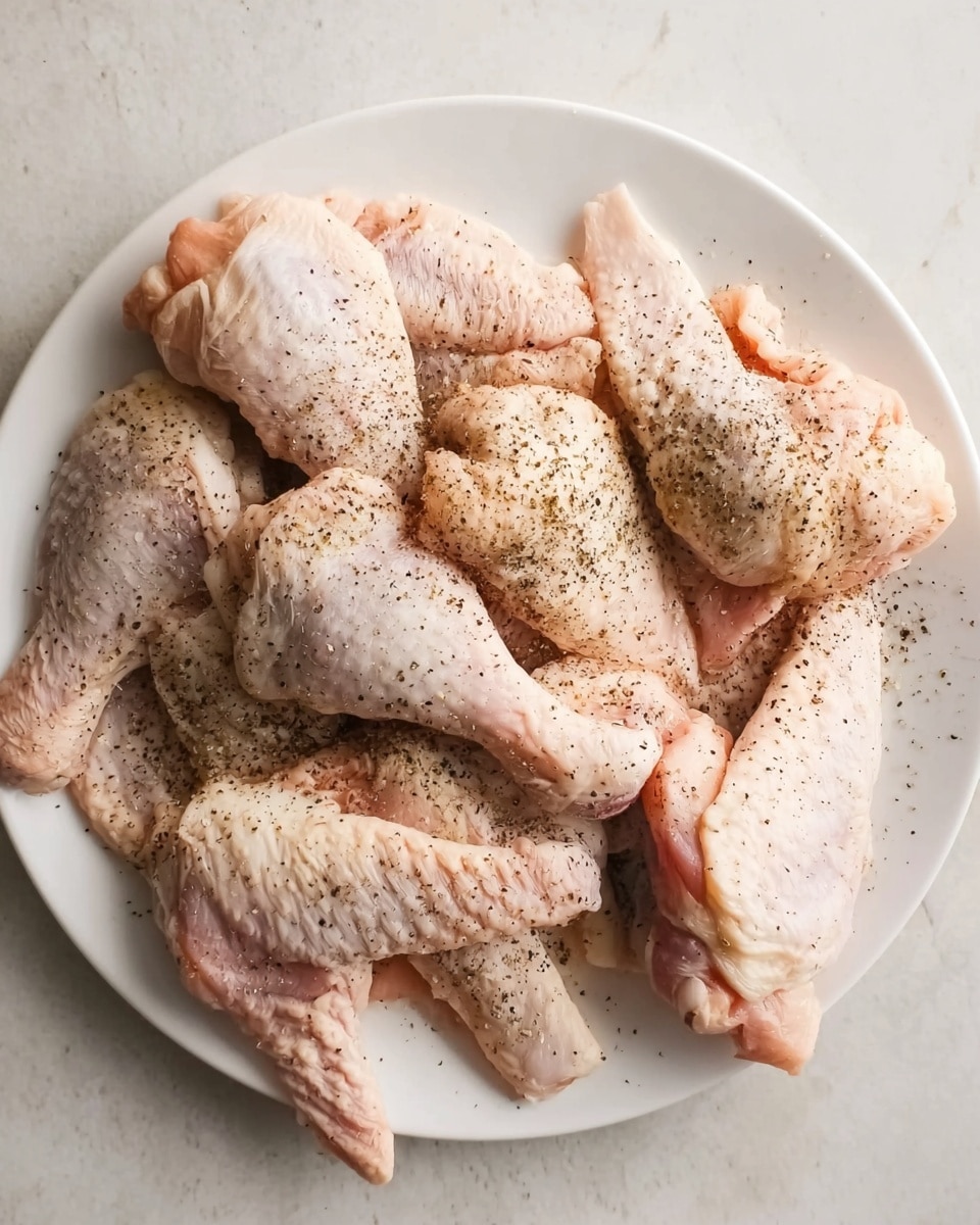 A white plate holds several raw chicken pieces, each sprinkled with black pepper. The chicken pieces vary in shape and size, including wings and other cuts, showing a pale pink color with moist, smooth skin. The black pepper is spread evenly over each piece, giving a speckled texture on top. The plate is placed on a white marbled surface. photo taken with an iphone --ar 4:5 --v 7