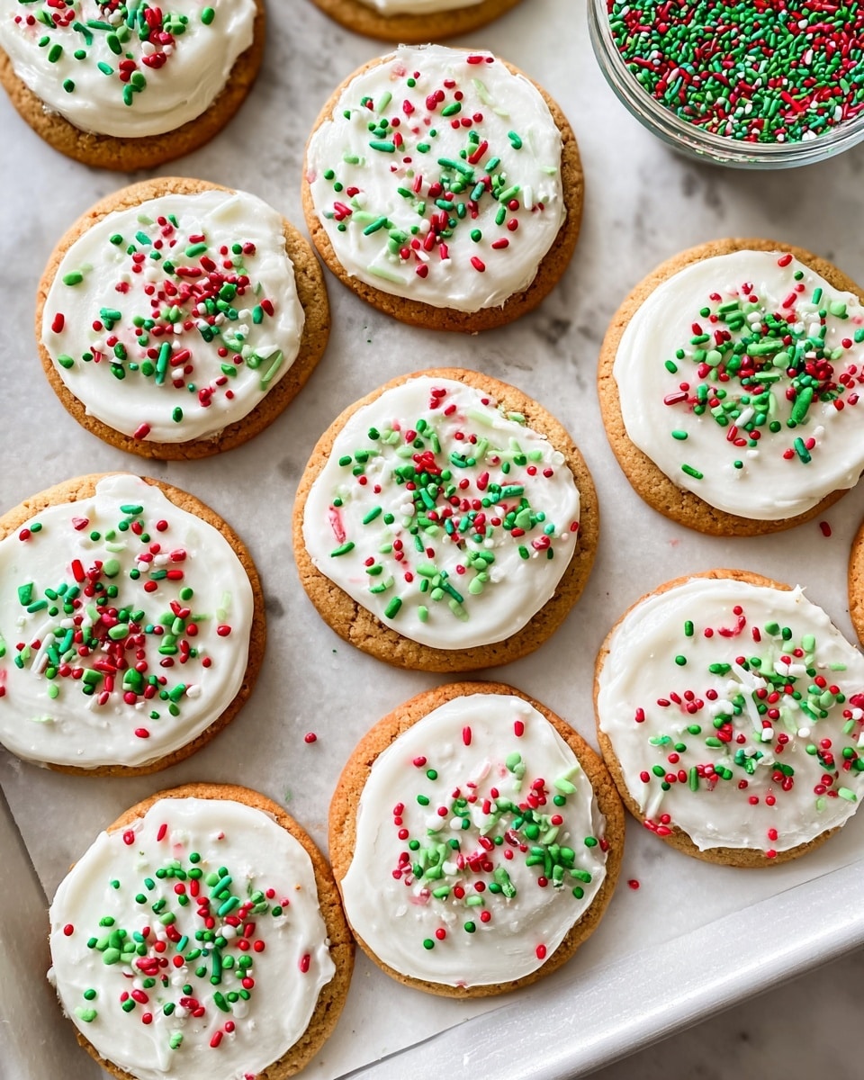 The image shows a group of round cookies arranged on a white marbled surface with a white tray visible on the right side. Each cookie has one layer of light brown baked dough at the bottom, topped by a smooth, even layer of white frosting spread across the top surface. On this white frosting layer, colorful red, green, and light green sprinkles in small round and elongated shapes are scattered, adding a festive look. A container filled with more green and red sprinkles is partially visible on the top right corner of the image. The cookies are close together but not touching, and the photo has a bright, clean appearance. Photo taken with an iphone --ar 4:5 --v 7