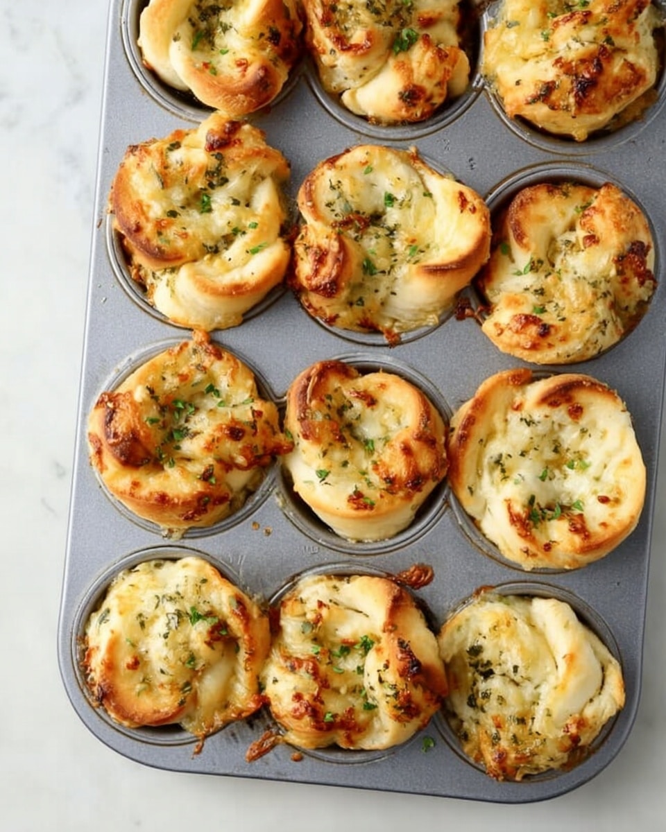 A close-up view of a silver muffin tray filled with nine golden-brown baked cups. Each cup has layers of soft, light beige dough twisted and folded, with some slightly crispy edges on top. Melted cheese is spread unevenly, showing light yellow and orange spots with herbs sprinkled over, adding hints of green. The muffin tray is set on a white marbled surface, creating a clean and bright background. Photo taken with an iphone --ar 4:5 --v 7