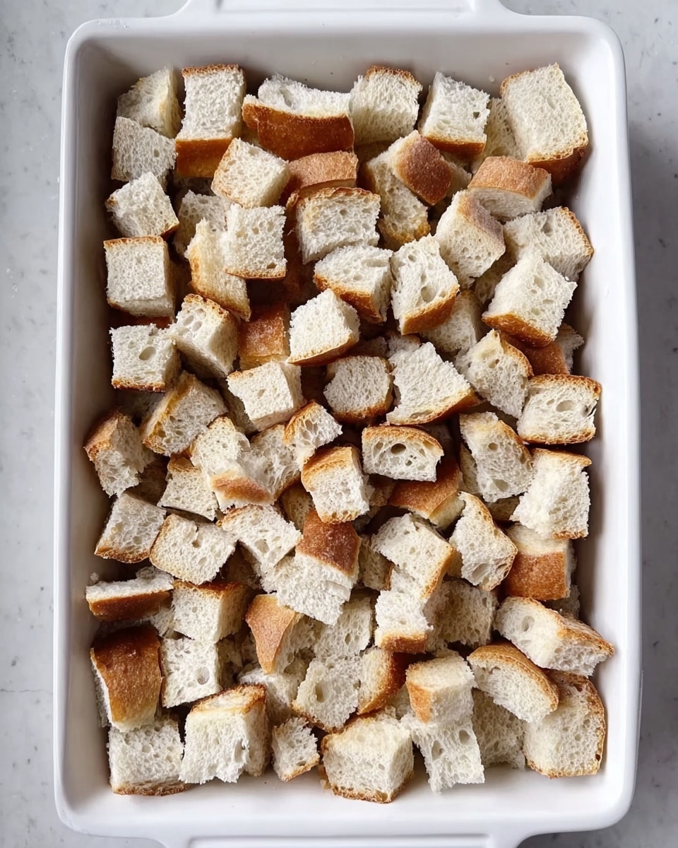 A white baking dish filled with two layers of cubed bread pieces evenly spread to cover the bottom. The bread cubes show light brown crust edges and soft white interiors with a porous texture. Some cubes have rounded crust edges, while others are more square. The dish rests on a white marbled surface. photo taken with an iphone --ar 4:5 --v 7