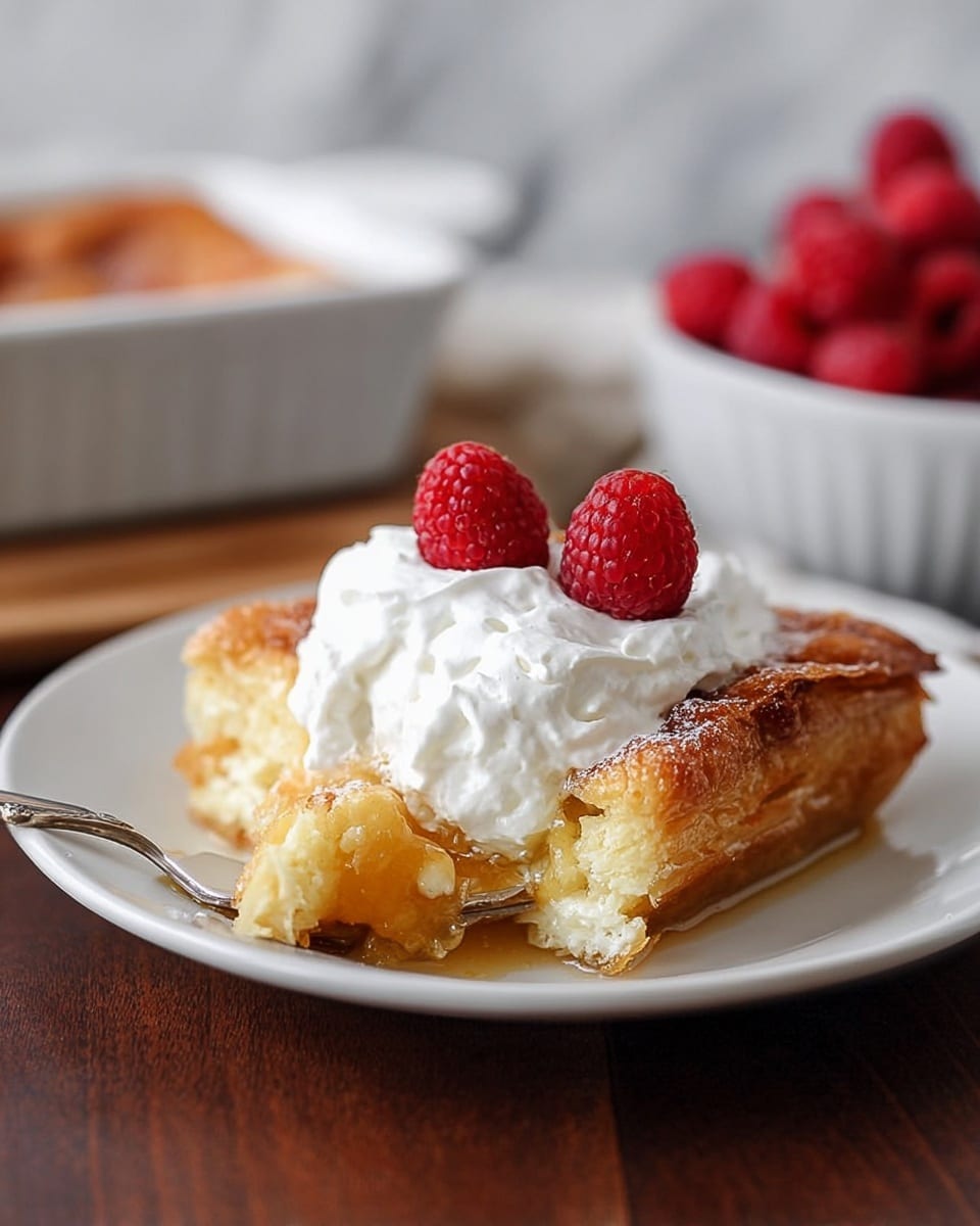 A white plate holds a square piece of golden brown fried pastry with a slightly crispy and textured surface. On top, there is a thick, uneven layer of white whipped cream that looks soft and smooth. Two fresh red raspberries sit on the whipped cream, adding bright color and a natural, bumpy texture. Part of the pastry is lifted with a silver fork showing a gooey amber filling inside. The plate is placed on a dark wooden surface with a white bowl filled with more raspberries blurred in the background, all set against a white marbled texture. photo taken with an iphone --ar 4:5 --v 7
