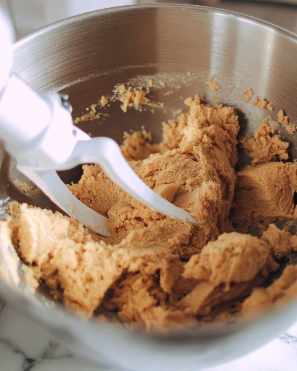 A close-up view of a metal mixing bowl with light brown dough inside. A white paddle mixer is partially buried in the dough, showing a rough, crumbly texture in chunks around the bowl. The bowl’s inside is shiny and smooth. The background is blurred but includes a hint of a white marbled surface. photo taken with an iphone --ar 4:5 --v 7