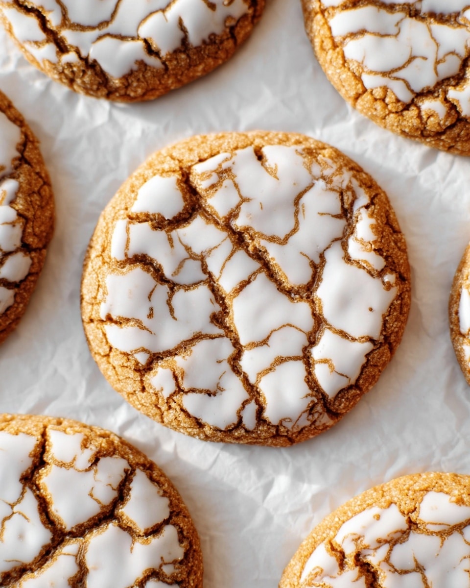 The image shows several round cookies with a cracked surface covered by a thin, white icing layer that fills some cracks while leaving others exposed, creating an uneven pattern. The cookies have a golden-brown base with a slightly rough texture beneath the smooth, glossy white icing. They are placed on a white marbled textured surface with slight wrinkles, resembling parchment paper. The cookies appear evenly spaced with one central cookie in focus and others partially visible around its edges. photo taken with an iphone --ar 4:5 --v 7