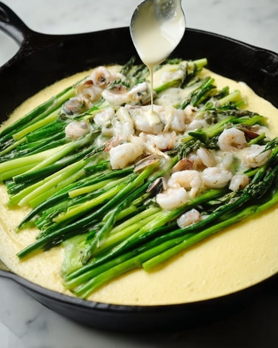 The image shows a black cast iron pan filled with a cooking scene. The bottom layer is a smooth, light yellow batter spread evenly across the pan. On top of the batter, there are bright green, long stalks of vegetables neatly arranged in lines from one side of the pan to the other. Scattered among the green stalks are small pieces of light beige seafood. A spoon is pouring a creamy white sauce over the seafood and vegetables, creating a glossy texture on the top layer. The pan rests on a white marbled surface. Photo taken with an iphone --ar 4:5 --v 7