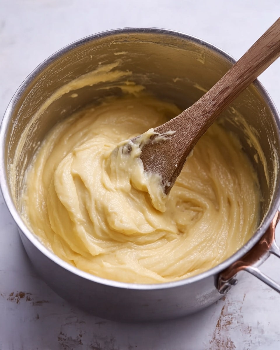 A shiny silver pot filled with thick, pale yellow dough that is smooth and creamy in texture is shown, with a wooden spoon stirring the mixture inside. The dough clings softly to the spoon, which has a natural wood grain pattern. The pot sits on a white marbled surface that contrasts with the dough's warm color. The sides of the pot have some light smudges of dough scattered near the top edge. Photo taken with an iphone --ar 4:5 --v 7