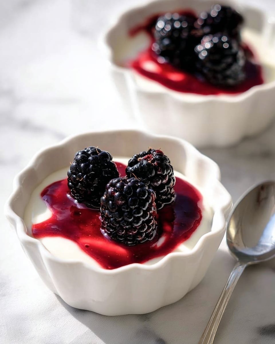 Two white scalloped bowls each hold a dessert with three layers. The bottom layer is creamy white yogurt or pudding. The middle layer is a bright red berry sauce drizzled unevenly over the creamy base. The top layer consists of five or six shiny, plump blackberries arranged on the red sauce. The bowls rest on a white marbled surface with a silver spoon placed near one bowl. The lighting is soft and natural, highlighting the smooth texture of the cream and the glossy blackberries. photo taken with an iphone --ar 4:5 --v 7