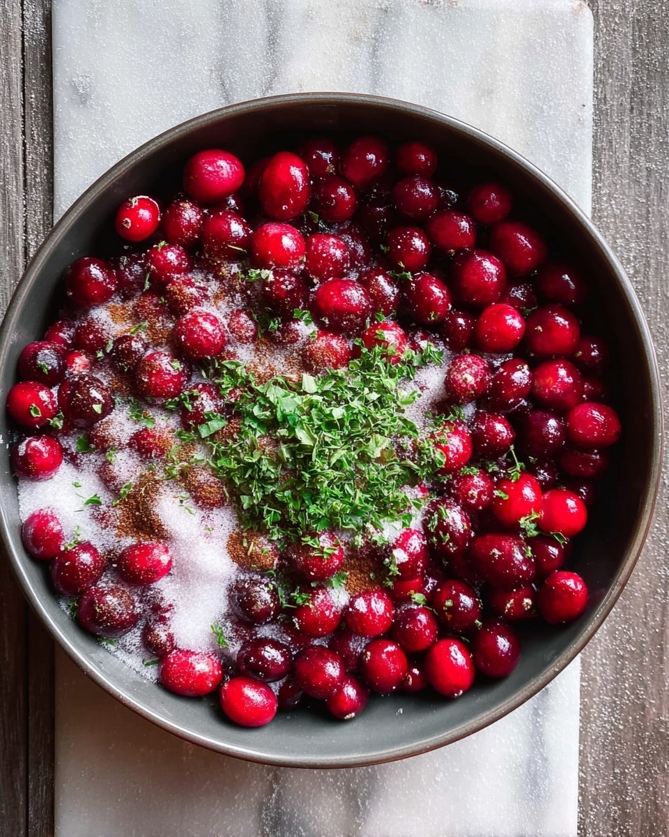 A round bowl filled with many bright red cranberries, sprinkled with white granulated sugar and some dark brown spice powder, topped with chopped green herbs in the center, all placed on a white marbled surface. photo taken with an iphone --ar 4:5 --v 7