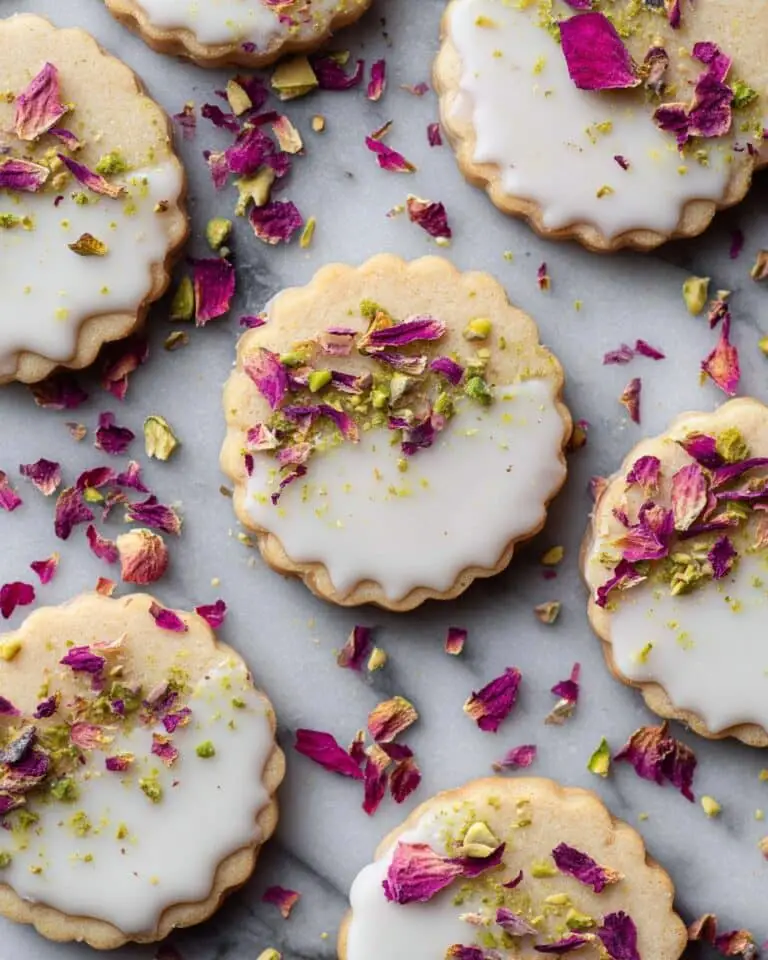 Rose Water Shortbread Cookies Dipped in White Chocolate with Pistachios and Rose Petals Recipe