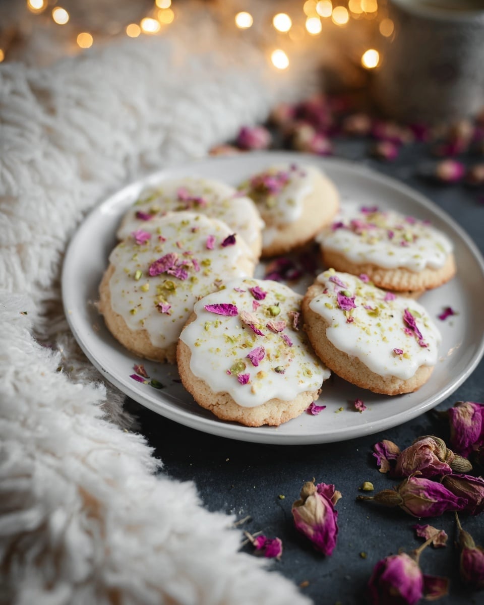 Round cookies with scalloped edges, each cookie showing two layers: a pale beige base with a smooth texture and a white icing layer covering half of the top surface; the icing is decorated with small, crushed green pistachio pieces and bright pink dried rose petals scattered on top. The cookies are laid flat on a white marbled background with more crushed pistachios and rose petals sprinkled around them, adding extra color and texture. photo taken with an iphone --ar 4:5 --v 7