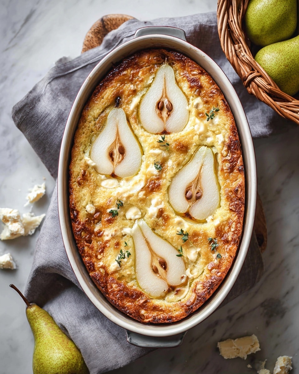 The image shows a baked pear dish in an oval white ceramic baking dish, with five large slices of pear placed evenly on top, each slice showing seeds and a light brown, slightly caramelized skin. The base is golden brown with a soft, crumbly texture visible around the edges and where a triangular piece has been cut out. A slice of the dish sits on a stack of two white plates with a fork holding a bite-sized piece, both plates resting on a white marbled surface. Two fresh green pears, a small bowl of crumbly cheese, a piece of blue cheese with a knife, and a gray cloth add rustic touches around the main dish. The photo taken with an iphone --ar 4:5 --v 7