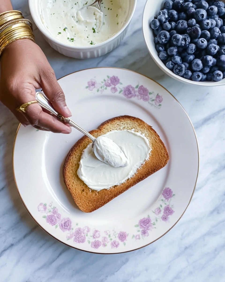A single slice of toasted bread with a light golden-brown crust sits in the center of a white plate decorated with small pink flower designs around the edge. A woman's hand wearing gold bracelets holds a small silver spoon, spreading a dollop of thick white cream on the bread's surface, creating a smooth layer. Nearby, a white bowl filled with more white cream and a white bowl filled with fresh blueberries are partially visible. The background shows a white marbled surface. photo taken with an iphone --ar 4:5 --v 7