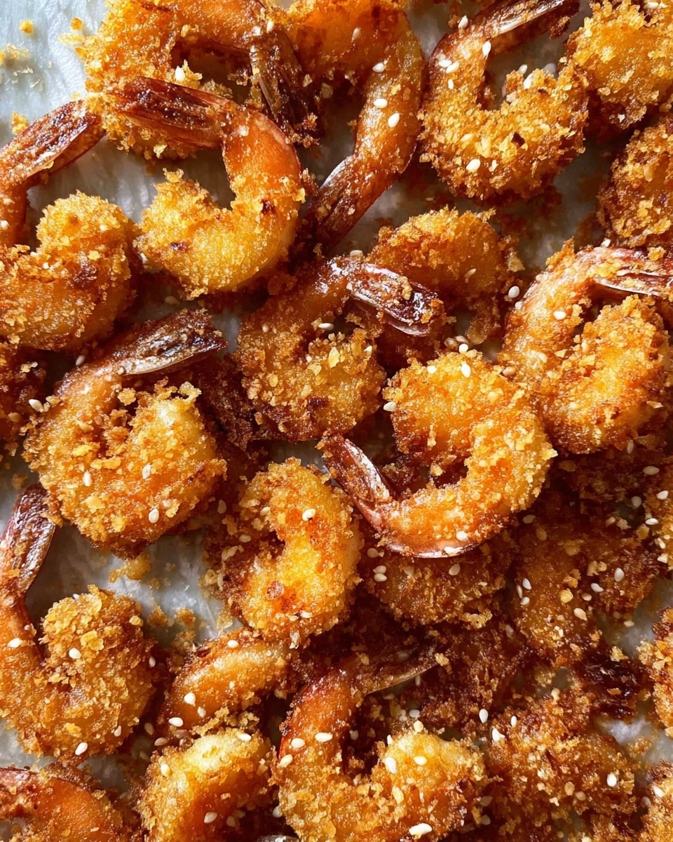 A close-up image showing many pieces of golden brown fried shrimp with a crunchy texture. Each shrimp is coated with a crispy crumb layer that includes small white sesame seeds sprinkled throughout. The shrimp tails are visible, sticking out with a slightly darker color. The background looks like a white marbled textured surface with the shrimp evenly spread out. photo taken with an iphone --ar 4:5 --v 7