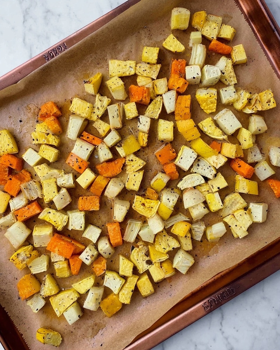 The image shows a single layer of roasted vegetable cubes spread evenly on a piece of brown parchment paper, which lines a rectangular copper baking tray with a shiny edge and visible brand text on the right side. The cubes are irregular in size and consist of different vegetables in shades of light yellow, orange, and pale white, with some pieces having light browning spots and small black pepper specks on their surfaces. The tray sits on a white marbled surface, and the overall look highlights the contrast between the warm colors of the roasted vegetables and the neutral background. photo taken with an iphone --ar 4:5 --v 7