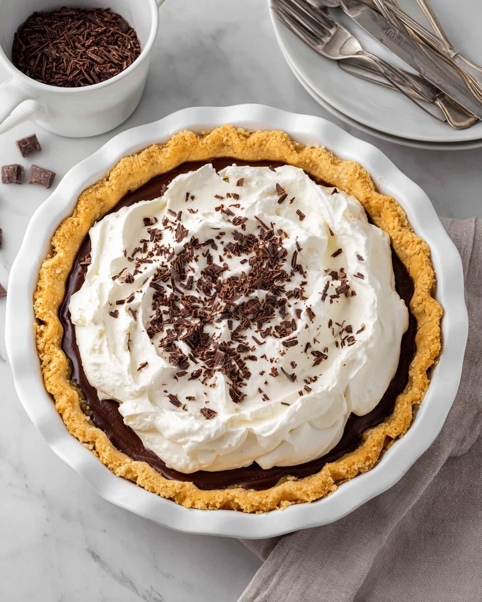 A round pie with three visible layers sits in a white fluted pie dish on a white marbled surface. The bottom layer is a golden brown crust with a crimped edge, rough in texture and slightly flaky. The middle layer is a dark chocolate filling, smooth and dense. The top layer is a thick, creamy white whipped topping, spread evenly but with natural swirls visible. Dark chocolate shavings are scattered across the whipped topping. Nearby, there is a white cup filled with more dark chocolate shavings and some silver forks. Photo taken with an iphone --ar 4:5 --v 7