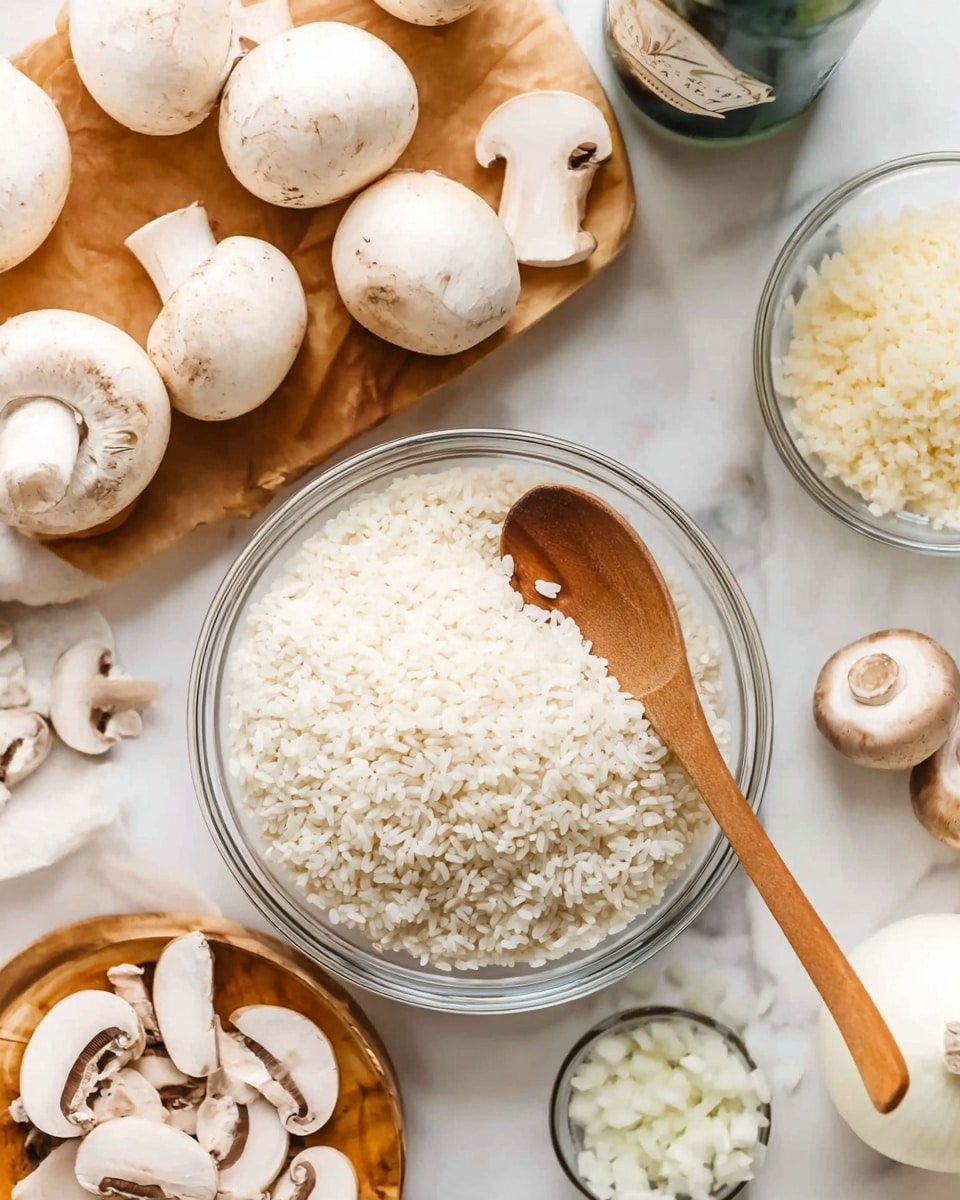 A clear glass bowl filled with white rice grains sits on a white marbled surface, with a wooden spoon resting inside the bowl near the top, showing the texture of the rice. To the left, a wooden plate holds several whole white mushrooms, some facing up showing their caps, and a few sliced mushrooms placed on the marbled surface nearby. Above the rice bowl, a bottle with a green cap is partially visible, and to the right, a smaller clear glass bowl contains finely chopped white onions. Various small ingredient containers are scattered around the bowls, all placed on the white marbled background. photo taken with an iphone --ar 4:5 --v 7