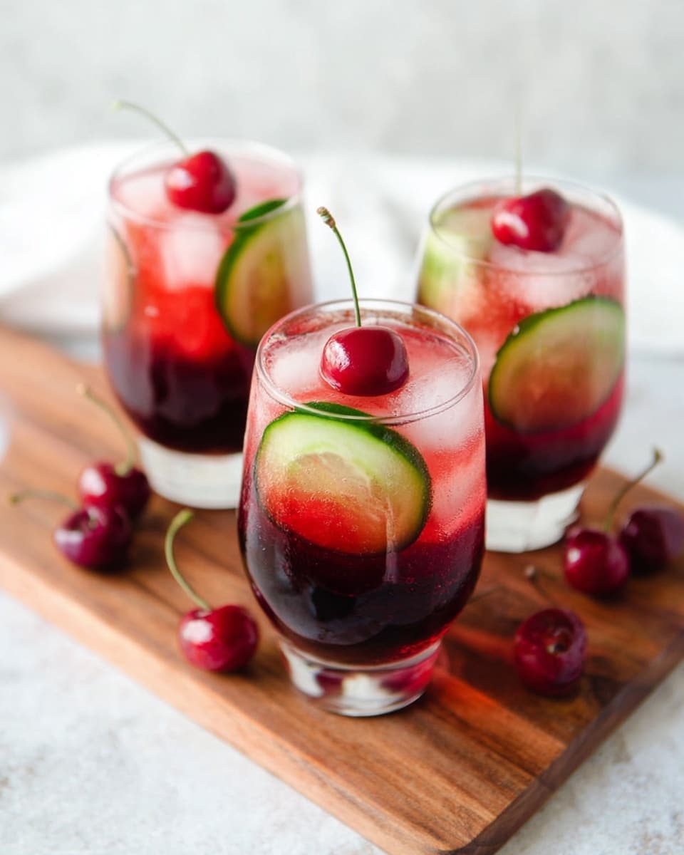 Three clear wine glasses sit on a wooden board on a white marbled surface. Each glass has two layers: the bottom dark red liquid and the top light pink ice cube with a green slice of cucumber inside it. A bright red cherry with a thin stem sits on top of each ice cube. Several loose cherries are scattered on the board around the glasses. The photo taken with an iphone --ar 4:5 --v 7