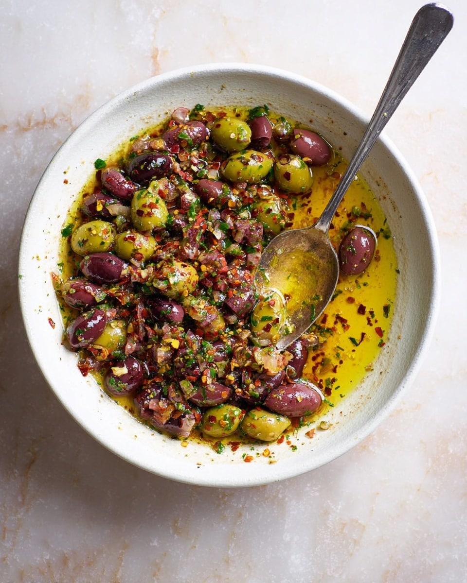 A white bowl filled with a colorful mix of chopped green and dark purple olives, small bits of herbs, and red chili flakes, all sitting in a golden, oily liquid. The olives are cut into small round pieces, spreading throughout the bowl, with green herbs adding a fresh touch on top. A silver spoon rests inside the bowl, partially covered by the mixture, catching some of the golden oil and olives. The bowl is placed on a white marbled surface that contrasts softly with the vibrant colors of the olives and seasoning. Photo taken with an iphone --ar 4:5 --v 7