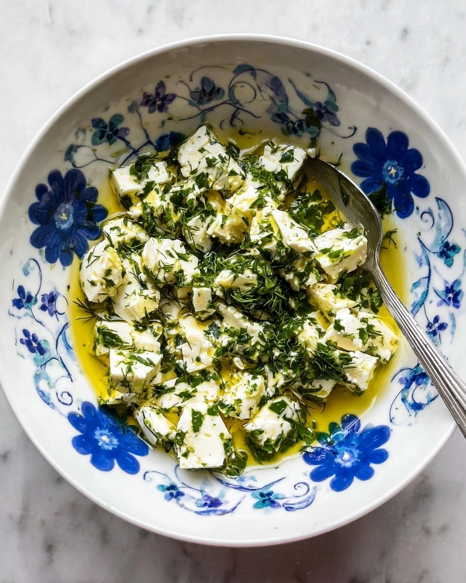 A white bowl with a blue flower pattern on the inside holds a mix of white cheese chunks and green chopped herbs, likely parsley and dill, all covered with a light yellow oil. The cheese pieces are uneven and soft, soaked slightly in the oil. The green herbs are finely chopped and spread evenly over and between the cheese chunks, adding a fresh texture. A silver spoon rests on the right side inside the bowl, partially dipped in the mixture. The bowl sits on a white marbled surface. photo taken with an iphone --ar 4:5 --v 7