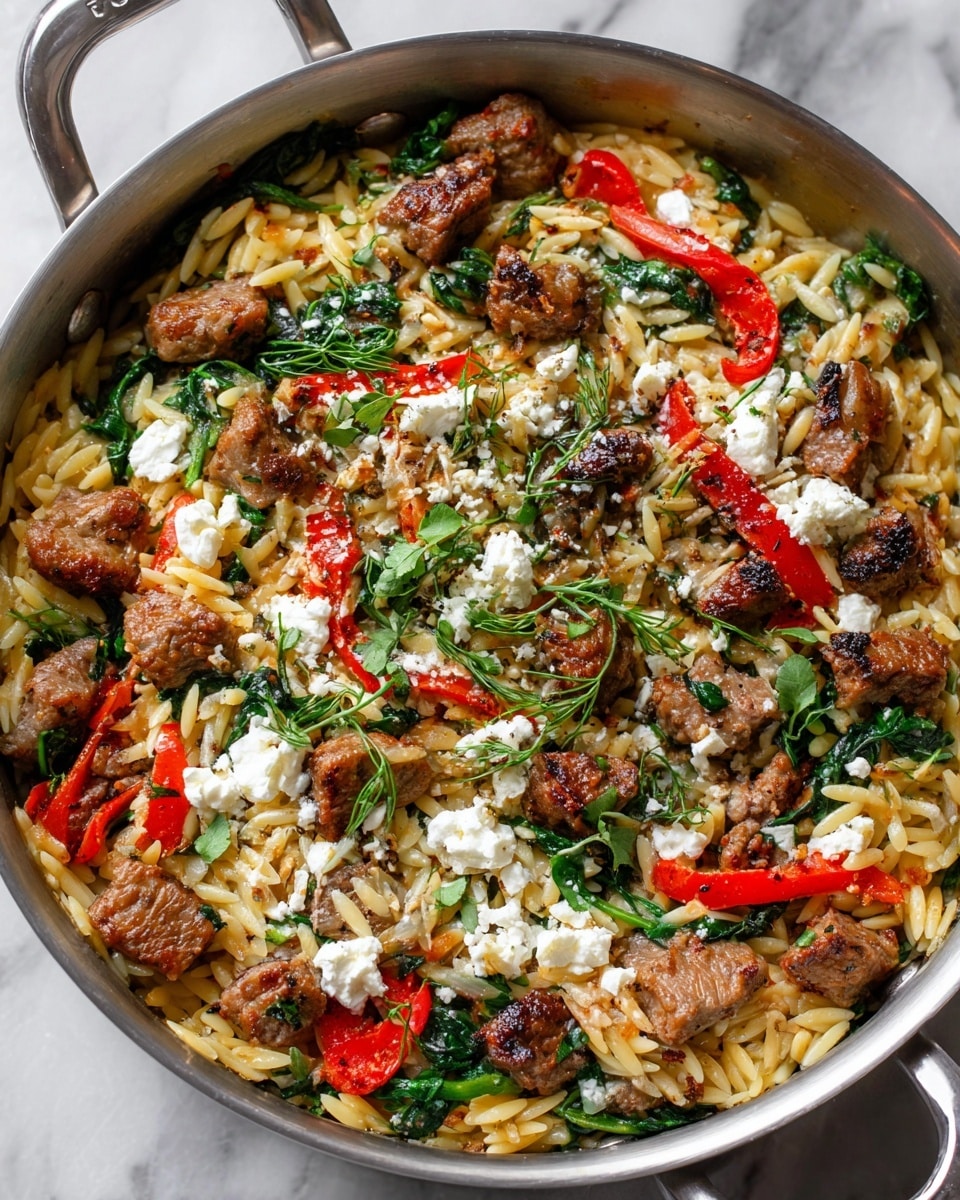 In a round metal pan, there is a layered dish with golden orzo pasta at the base, mixed with sautéed fresh spinach providing dark green shades throughout. On top of this, there are browned pieces of cooked meat, scattered evenly across, adding a rich brown color and textured look. Bright red strips of cooked bell pepper add color contrast along the meat and pasta. Crumbled white cheese is sprinkled luxuriously over everything, with finely chopped fresh green herbs mixed in, giving a fresh and lively feel. The dish is seasoned with black pepper specks and garnished with delicate herb sprigs. The pan rests on a white marbled surface. photo taken with an iphone --ar 4:5 --v 7
