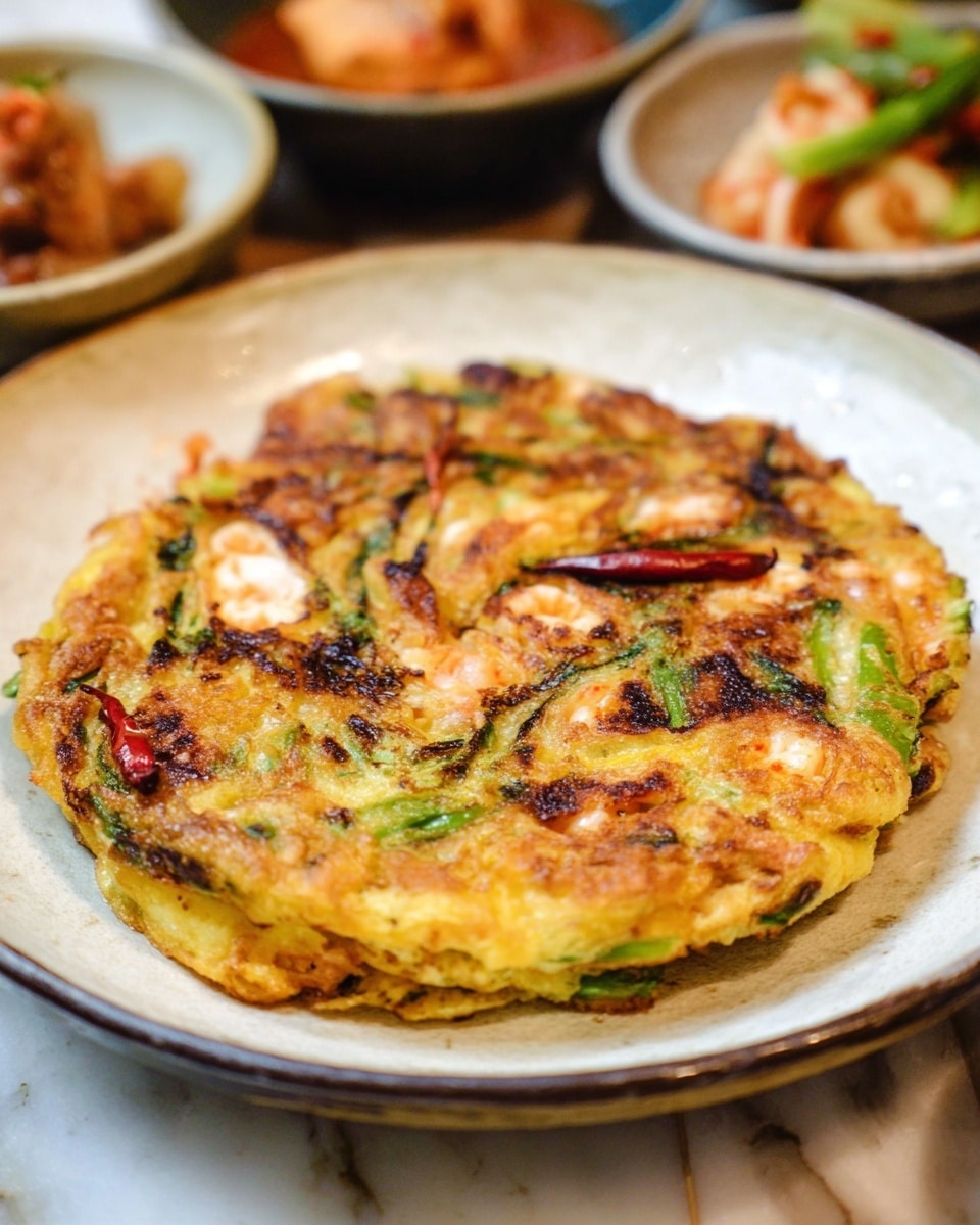 A round savory pancake sits on a white ceramic plate with a slight dark edging, showing three clear layers: a golden-brown crispy outer layer, a middle layer with bright green pieces of vegetable, and a bottom layer that is slightly lighter golden with some charred spots. The pancake has some small pieces of white seafood and thin slices of red and green peppers scattered through it. The surface beneath the plate is a white marbled texture, softly blurred. Behind the plate, there are other blurred dishes adding depth to the image. Photo taken with an iphone --ar 4:5 --v 7
