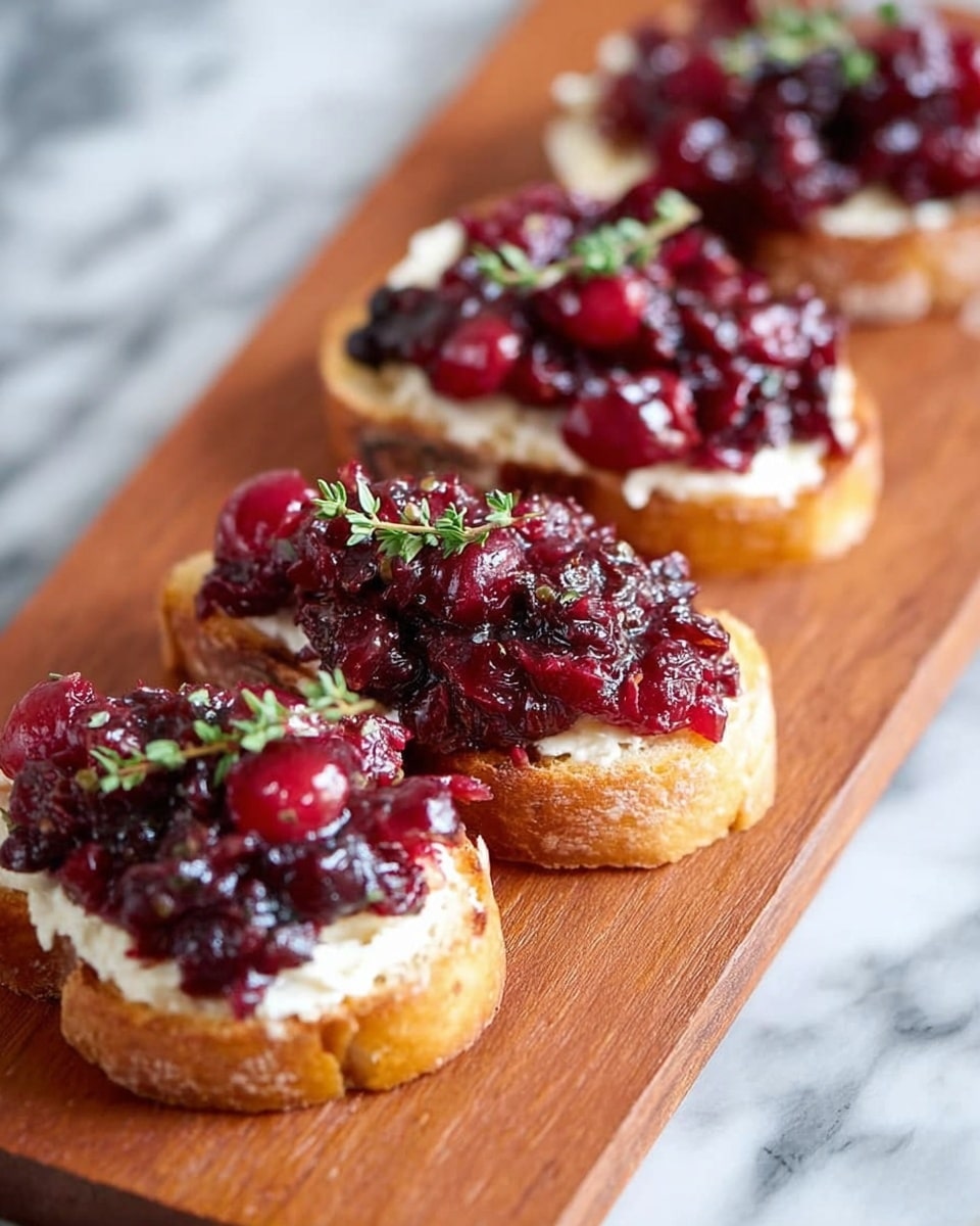 Four small toasted bread slices are placed on a wooden board in a loose row. Each slice has one layer of white creamy cheese spread evenly on top. On the cheese, there is a thick, chunky layer of dark red cranberry sauce with visible whole cranberries, giving a shiny and textured look. Each cranberry topping is decorated with a small green thyme sprig, adding a fresh touch. The wooden board contrasts with the white marbled surface beneath it. photo taken with an iphone --ar 4:5 --v 7