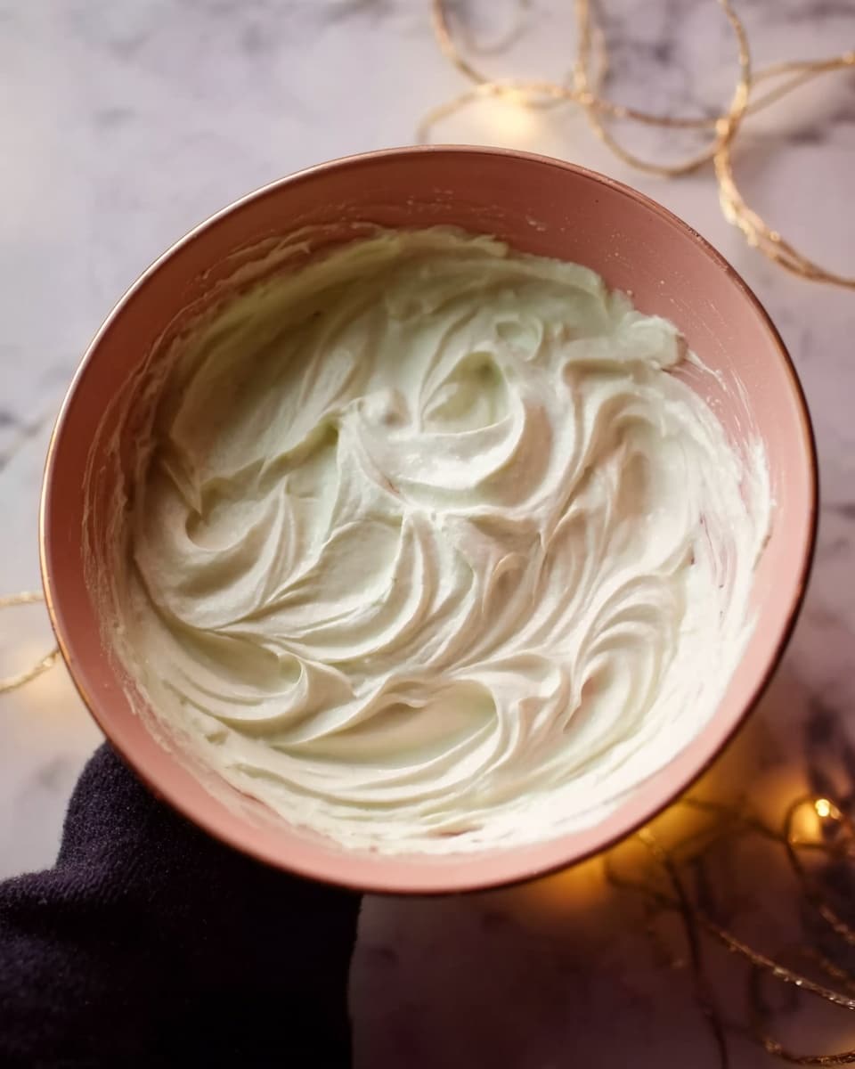 A close-up view of a round pink bowl filled with thick, creamy white mixture with swirled peaks and smooth texture inside. The bowl is placed on a white marbled surface with soft warm string lights around it, creating a cozy and inviting feel. Woman's hand is gently holding the edge of the bowl from the left side, showing part of dark clothing. Photo taken with an iphone --ar 4:5 --v 7