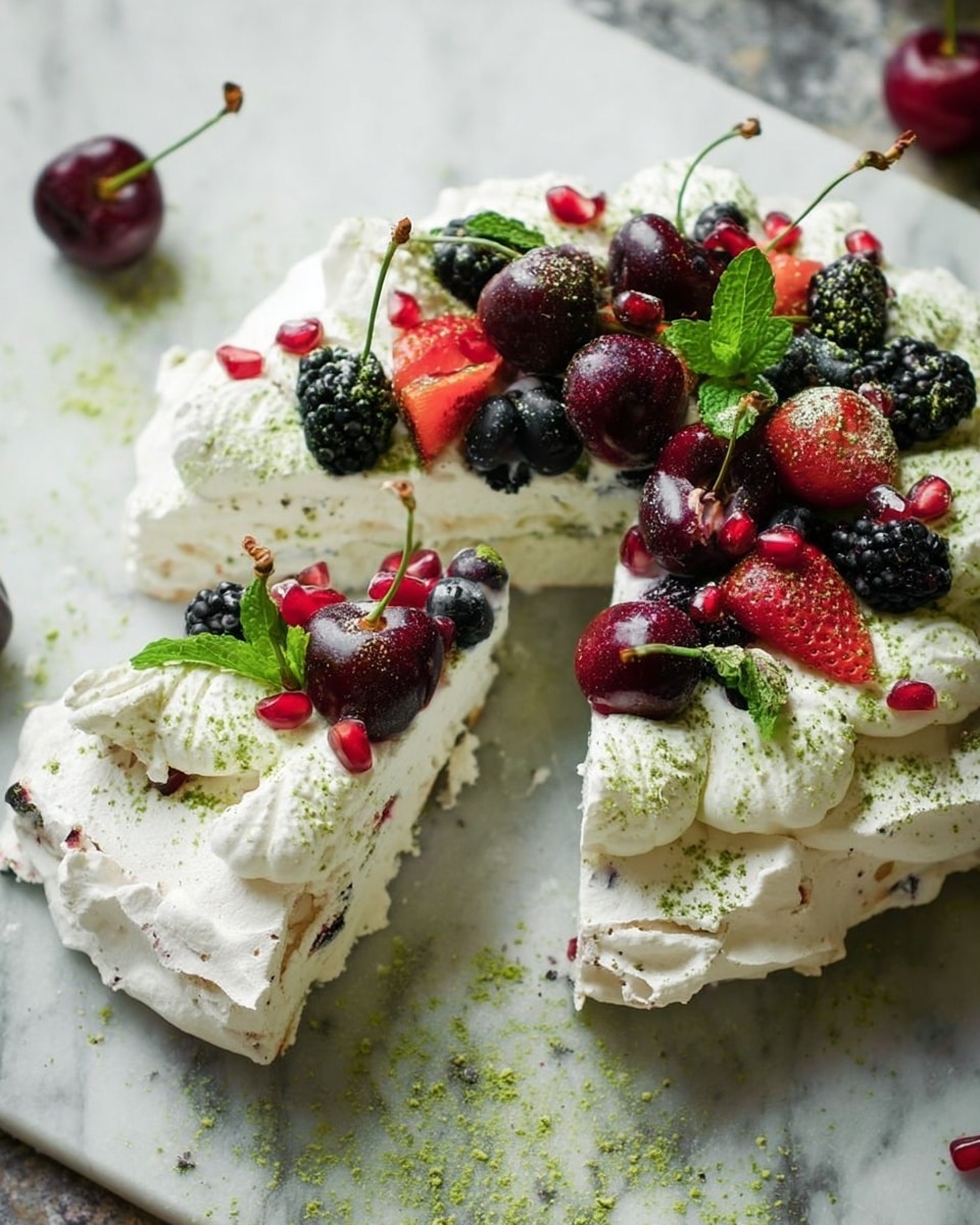 A white meringue cake with two thick, fluffy layers topped with dollops of white cream, decorated with whole blackberries, cherries with stems, blueberries, halved strawberries, and scattered pomegranate seeds. Fresh green mint leaves add color on the top layer, while a light dusting of green powder sprinkles over the cream and fruits. The cake sits on a white marbled surface showing some crumbs and cream smudges around it. Two large slices are visible, showing the texture of the airy meringue beneath the cream and fruit toppings. photo taken with an iphone --ar 4:5 --v 7