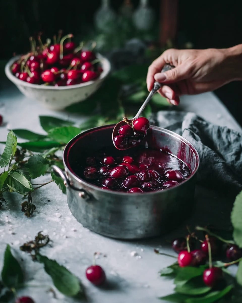 The image shows a close-up of a metal pot filled with dark red cherries soaking in a deep red sauce. A woman's hand holds a silver spoon over the pot, lifting some of the cherries. Around the pot, there are fresh green leaves and a few loose cherries scattered on a white marbled surface. In the background, there is a white bowl full of bright red cherries. The scene has soft lighting and a dark, cozy atmosphere. photo taken with an iphone --ar 4:5 --v 7