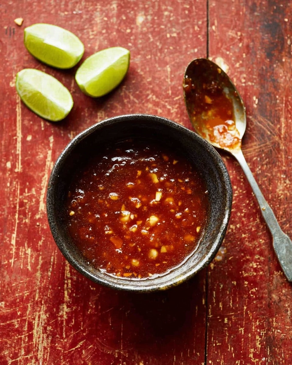 A small dark ceramic bowl filled with thick reddish-brown sauce that has small white and yellow chunks mixed in. The bowl is placed on a well-worn reddish wooden surface, which shows scratches and stains. To the top left of the bowl, there are three lime wedges with green skin and pale green inside. To the right, a metal spoon with some sauce on it rests on the wooden surface. The scene is simple and rustic with a focus on the rich sauce and fresh lime pieces. photo taken with an iphone --ar 4:5 --v 7