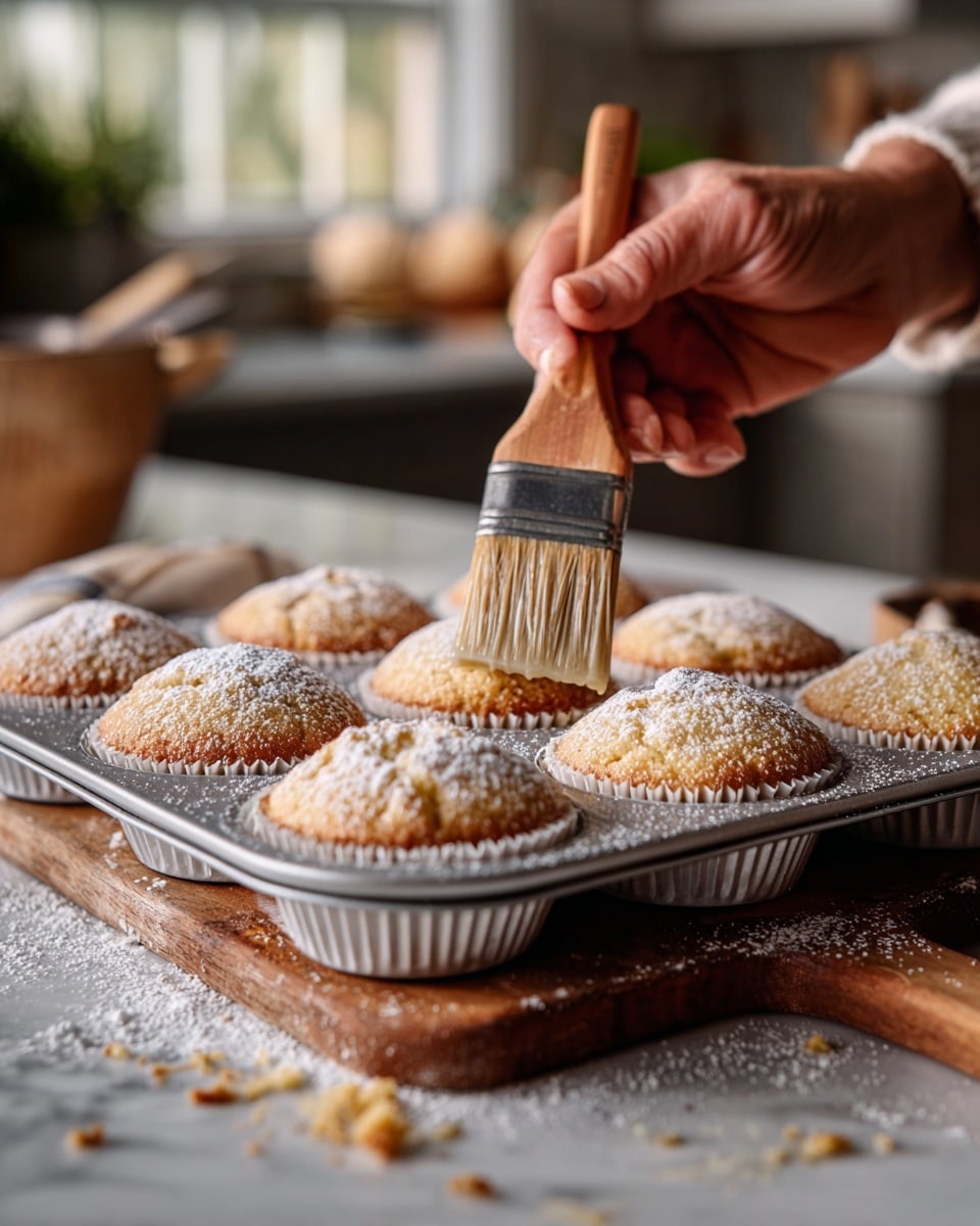 A close-up view of a metal muffin tray filled with nine light golden muffins, each sitting in white paper liners dusted with powdered sugar. A woman's hand is holding a wooden brush gently applying a glaze on the top of one muffin in the front center. The muffins have a soft, slightly bumpy texture with powdered sugar scattered on them and around the tray. The tray rests on a white marbled surface dusted with flour, with a wooden board on the side holding some crumbs. The background shows a blurred kitchen setting with warm lighting. photo taken with an iphone --ar 4:5 --v 7
