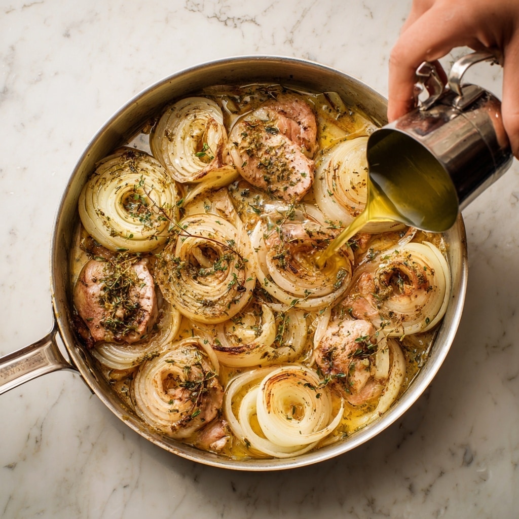 In a silver pan, there is a single browned piece of meat in the middle, surrounded by cooked, golden-brown sliced onions with herbs mixed in. A woman’s hand is pouring clear liquid from a shiny metal container onto the meat, creating steam and bubbles in the center. The pan sits on a white marbled surface. photo taken with an iphone --ar 4:5 --v 7