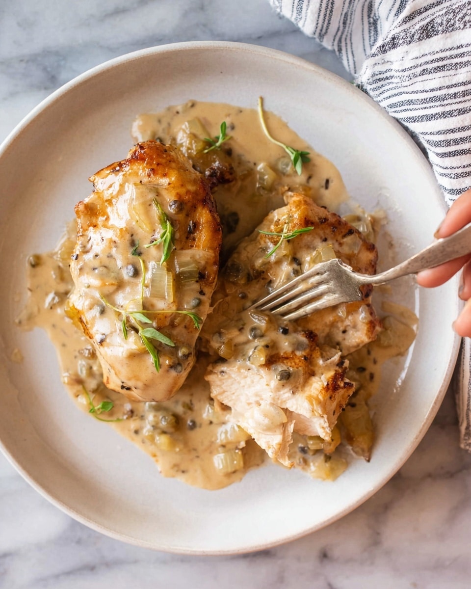 On a white plate placed on a white marbled surface, there are two pieces of cooked chicken covered by a thick, creamy sauce with small bits of onions and herbs. The chicken is golden brown with some black pepper specks showing through the sauce. Small green herb sprigs add contrast on top of the sauce. A silver fork rests on the right side of the plate, and a piece of chicken is held on the fork by a woman's hand. A striped kitchen cloth is partially visible in the top right corner. photo taken with an iphone --ar 4:5 --v 7
