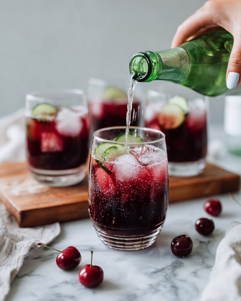 A glass filled with dark red liquid and ice cubes topped with thin green cucumber slices sits on a white marbled surface. A woman's hand with white nail polish is pouring a light bubbly drink from a green-capped bottle labeled