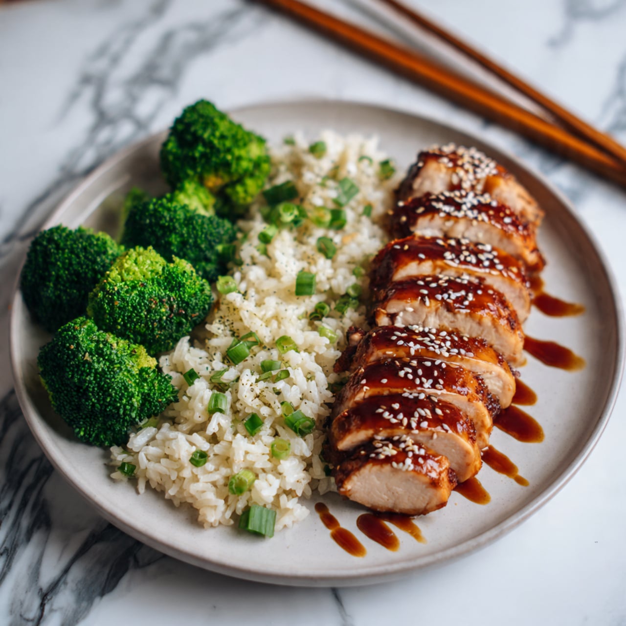The dish shows a white plate with three main layers: at the bottom, a bed of white rice with some soy sauce drizzled on it, at the middle, neatly sliced light brown chicken placed in a row, and at the back, bright green steamed broccoli. A silver spoon is pouring a shiny dark brown sauce over the chicken, adding a glossy texture. The scene has a white marbled surface background with blurred chopsticks and another bowl in the back. photo taken with an iphone --ar 4:5 --v 7