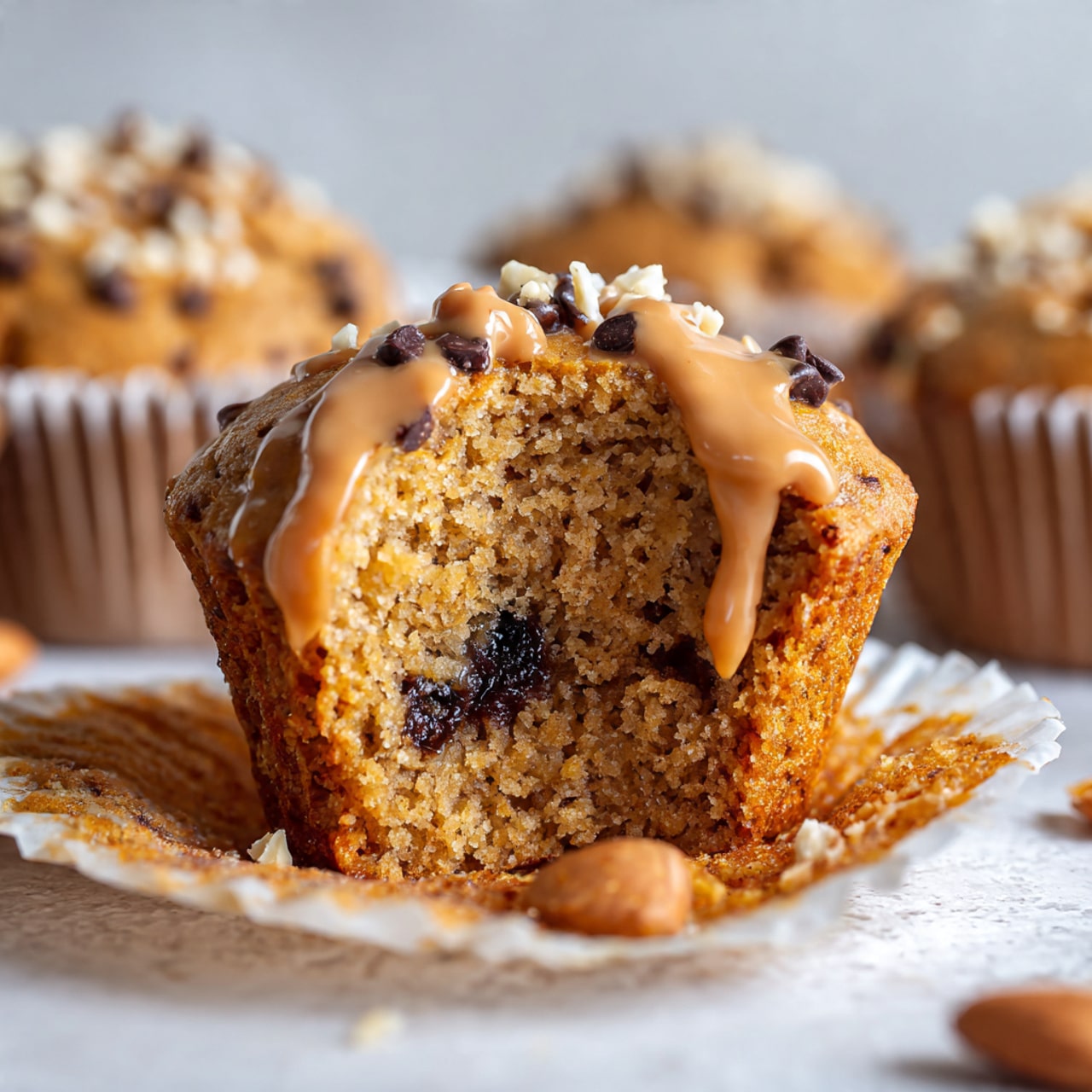The image shows a close-up of a half-eaten muffin resting on a white cupcake liner on a white marbled surface. The muffin has a golden brown crumb with visible dark chunks inside, likely dried fruit. On top, there is a thick light brown glaze dripping down the sides, decorated with small dark chocolate chips and some chopped nuts. In the blurred background, there are more similar muffins on the same white marbled surface. Photo taken with an iphone --ar 4:5 --v 7