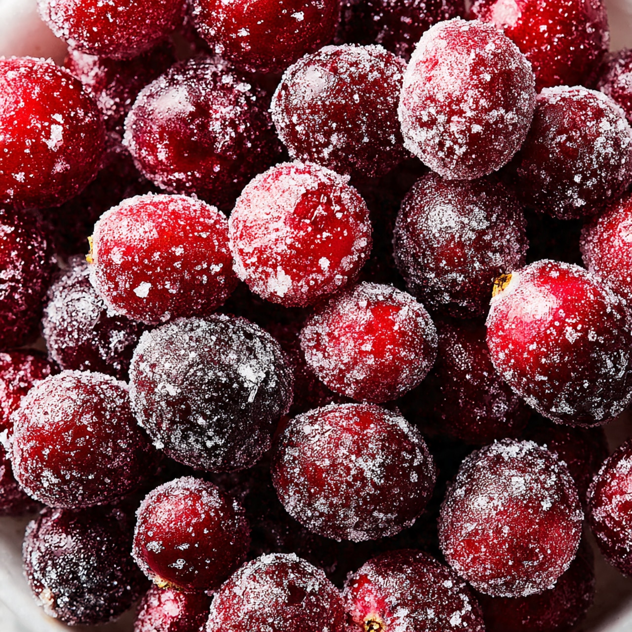 A close-up view of many dark red berries covered in a layer of fine white sugar crystals, giving them a sparkling texture. The berries are tightly packed together, showing different sizes and shades of red, from bright to deep maroon. The sugar crystals catch the light, highlighting the rough, frosty surface on each berry. The background shows a slight hint of a white marbled texture around the edges. photo taken with an iphone --ar 4:5 --v 7