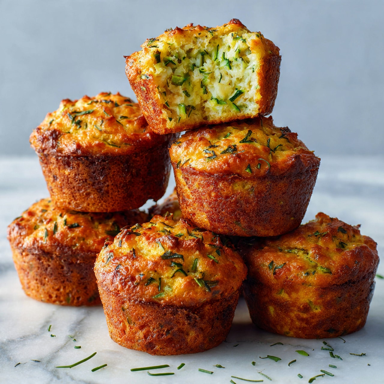The image shows a close-up of six golden-brown zucchini muffins stacked on a white marbled surface, with one muffin broken in half on top revealing a soft, moist inside with visible green zucchini strands and bits of herbs. The muffins have a textured, crispy outer layer with green flecks of zucchini, and some small chopped herbs sprinkled on top and around the base. The lighting highlights the contrast between the crispy edges and the tender inside, giving the muffins a fresh, homemade look. photo taken with an iphone --ar 4:5 --v 7