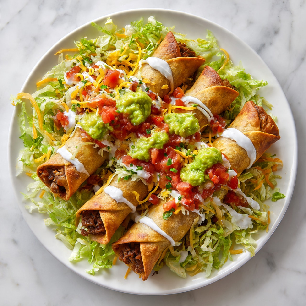 A white plate holds five rolled golden brown taquitos arranged in a circle on a bed of shredded bright green lettuce. Each taquito shows a slightly crisp texture on the outside with darker browned edges. On top, there are layers of shredded yellow cheese, white cheese, dollops of green guacamole, and red salsa placed in the center of each taquito. White sauce is drizzled gently all over the taquitos and toppings, adding a creamy look. The plate is placed on a white marbled surface, enhancing the colors of the food. photo taken with an iphone --ar 4:5 --v 7