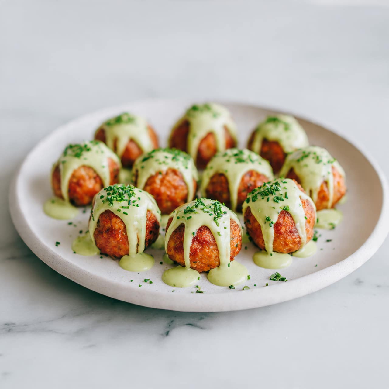 Baked Salmon Meatballs with Creamy Avocado Sauce Recipe 5 The image shows a white plate with around 20 small, round golden-brown fritters arranged in a grid pattern. Each fritter has a rough, crispy texture with bits of green herbs mixed inside. A light green creamy sauce is drizzled diagonally over each fritter, adding a smooth contrast to the rough texture. The plate is lightly sprinkled with finely chopped green herbs, giving a fresh look. The background surface is a white marble texture. photo taken with an iphone --ar 4:5 --v 7
