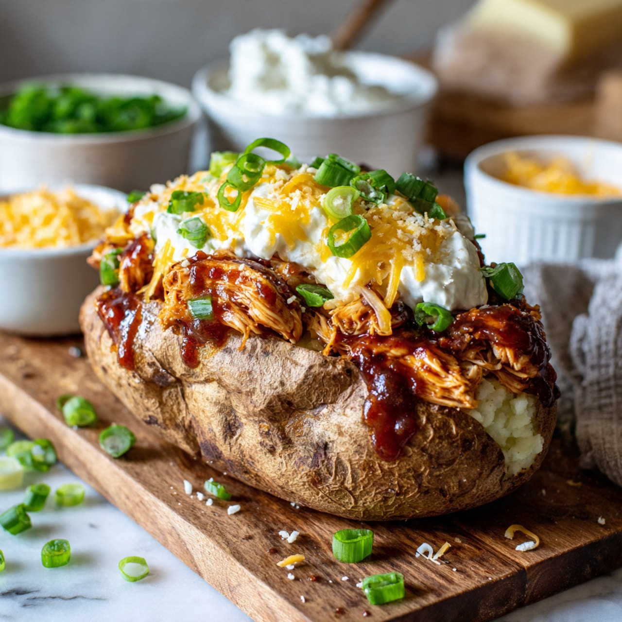 A baked potato with a rough brown skin is split open and filled with a soft, white mashed potato base. On top, there is a thick layer of dark reddish-brown barbecue sauce with visible meat chunks, followed by a dollop of white sour cream. Bright orange shredded cheddar cheese and chopped green onions are scattered on the top. The potato sits on a wooden tray with some cheese pieces around it. In the background, there is a white bowl with shredded cheddar cheese and a white bowl filled with chopped green onions on a white marbled surface. photo taken with an iphone --ar 4:5 --v 7