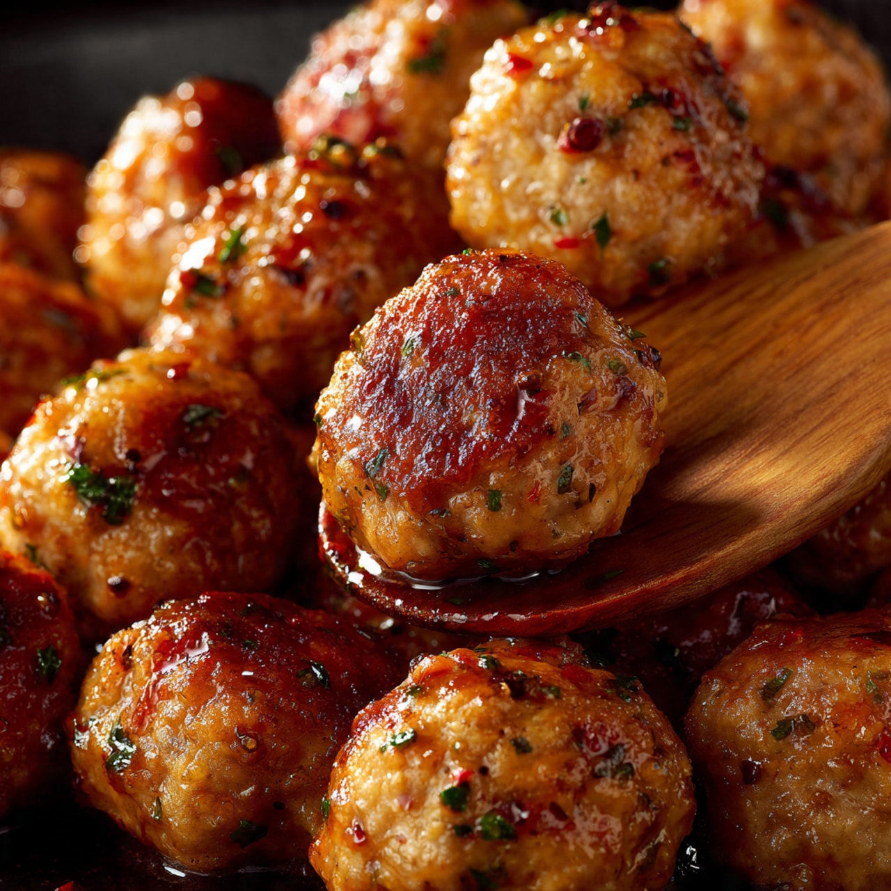 This image shows many small, round meatballs that are golden brown with a shiny, slightly sticky glaze. The meatballs are textured with small bits of herbs and seasoning visible, giving a speckled look with hints of red and black pepper. Some meatballs are stacked closely together, with a wooden spoon lifting a few from the bottom middle of the cluster. The background is dark, contrasting with the meatballs' warm color, and the image is taken very close-up showing the glossy surface and moist texture of the meatballs. photo taken with an iphone --ar 4:5 --v 7